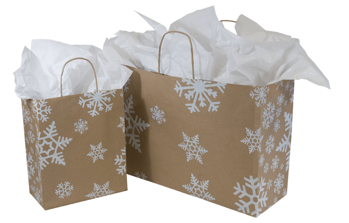 8 x 4-3/4 x 10-1/4″ Snow Days Petite Holiday Shopping Bags 250 Bags 100% Recycled Material 95% PCW Made in USA